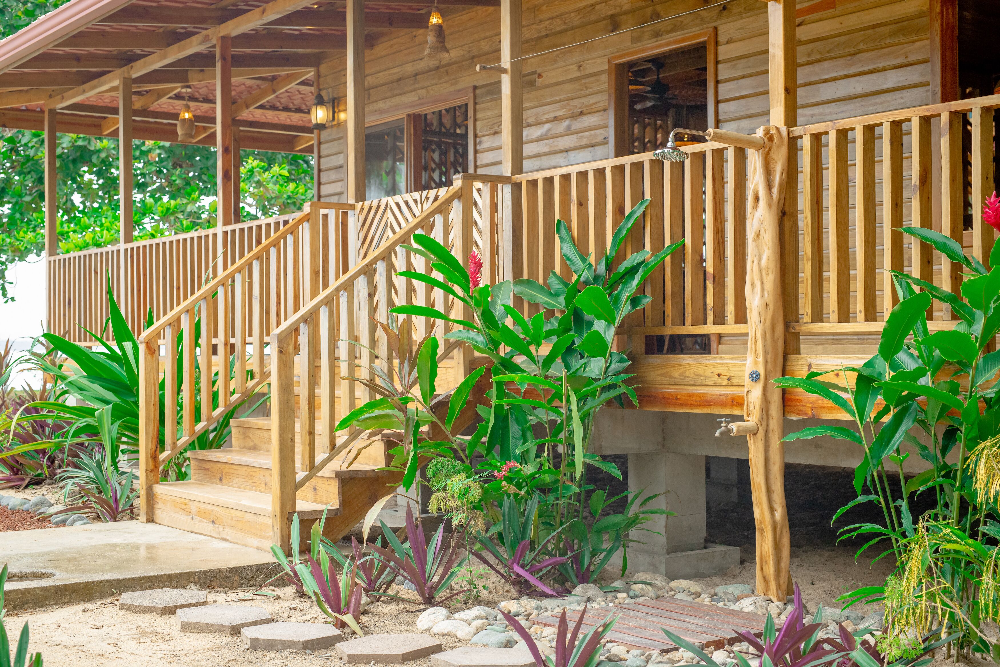 Una cabaña de madera con una escalera de madera que conduce a un porche, rodeada de diversas plantas y un camino de piedra.