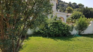 Ein gepflegter Garten mit Rasen, verschiedenen Sträuchern und einem Baum.