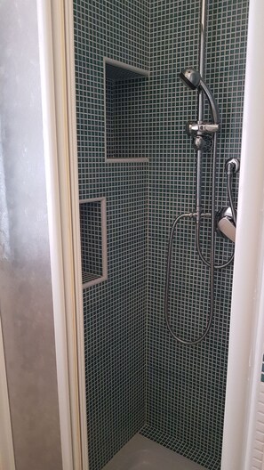 Shower, hair dryer, bidet, towels
