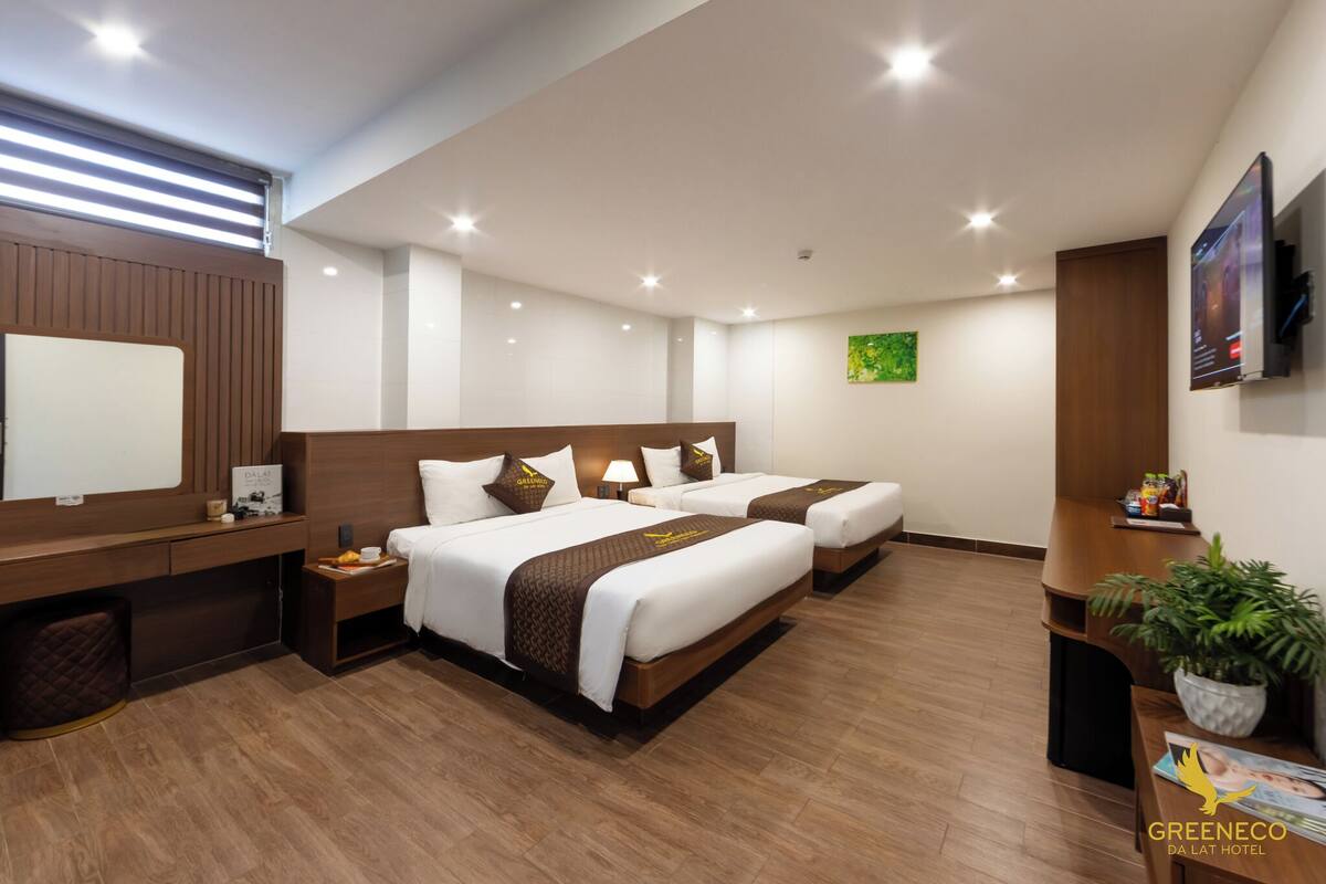 A hotel room with two beds, a desk, a TV, and a plant.