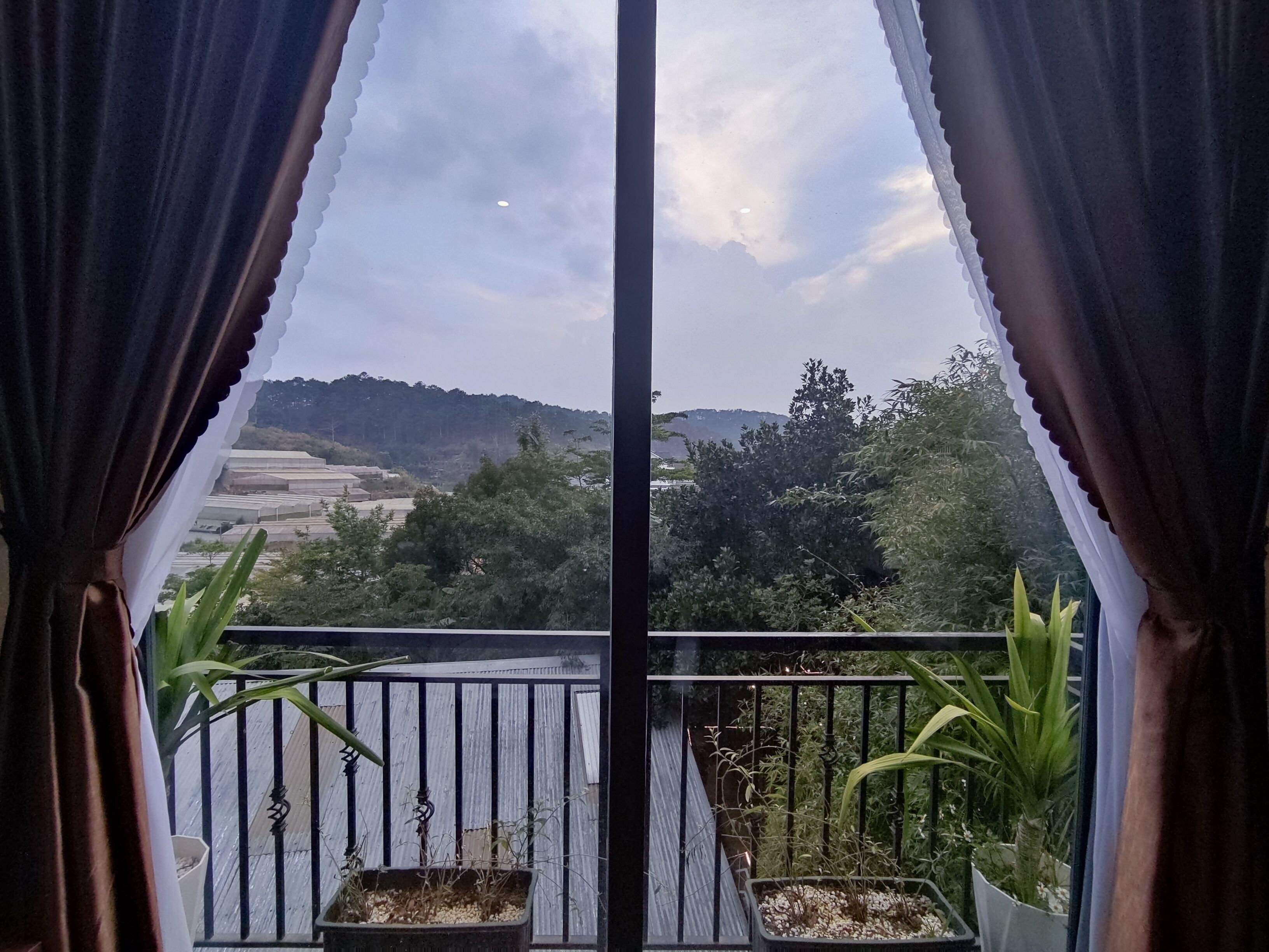 A balcony with potted plants and a view of a rural landscape.