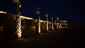 Una fila di palme illuminate, un edificio con tetto spiovente e un veicolo parcheggiato sullo sfondo.