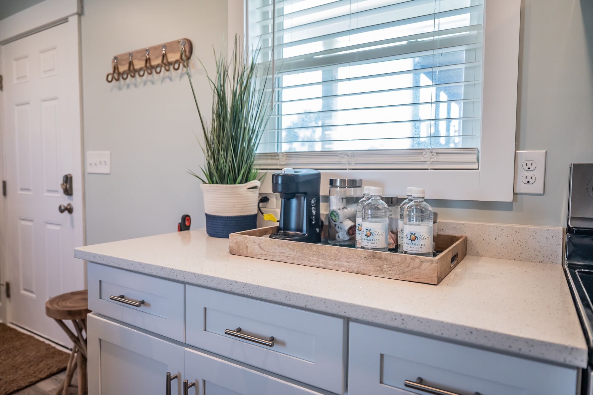A kitchen with a coffee maker, a potted plant, and two bottles of water on the counter.