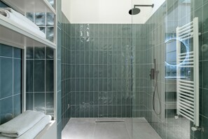 Shower, hair dryer, soap, shampoo