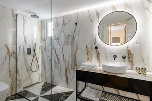 Shower, hair dryer, soap, shampoo