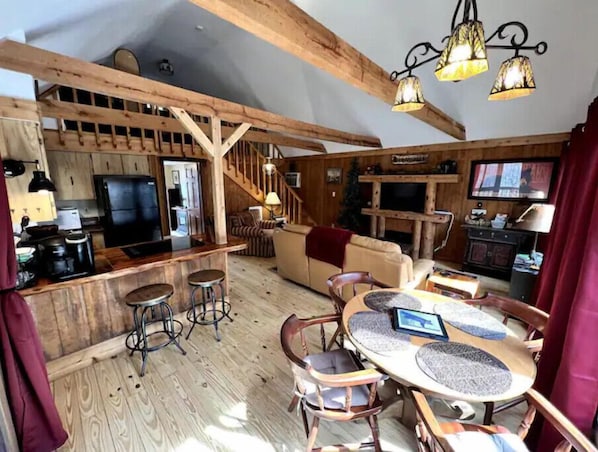 Fernseher, Kamin, DVD-Player, Bücher