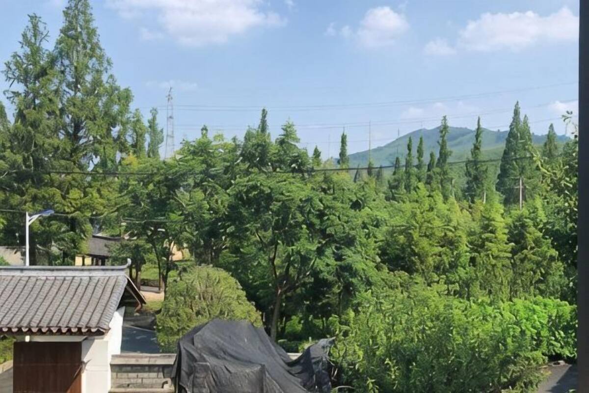A residential area with traditional architecture, a covered vehicle, and a mountainous backdrop.