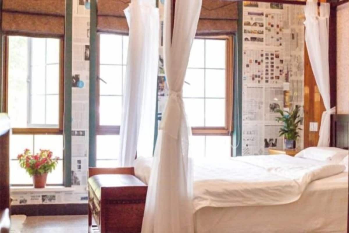 A room with a bed, a window with curtains, a plant, and a wall covered with papers.