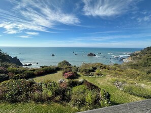 A coastal landscape with rocky outcrops, grassy areas, and a clear view of the ocean.