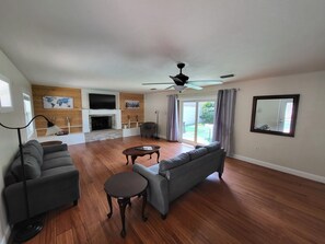 تلفزيون ذكي، مدفأة، كُتُب، مكتبة فيديو