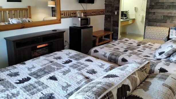 Un dormitorio con dos camas, televisión, microondas y una pared de madera.
