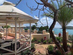Een overdekt terras met een pergola, omringd door planten en uitzicht op zee.