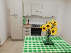 Kühlschrank, Ofen, Herdplatte, Wasserkocher mit Kaffee-/Teezubehör