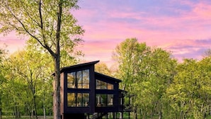 Une cabane moderne en bois, dotée de grandes fenêtres, située au bord d’un plan d’eau, elle-même entourée d’arbres.