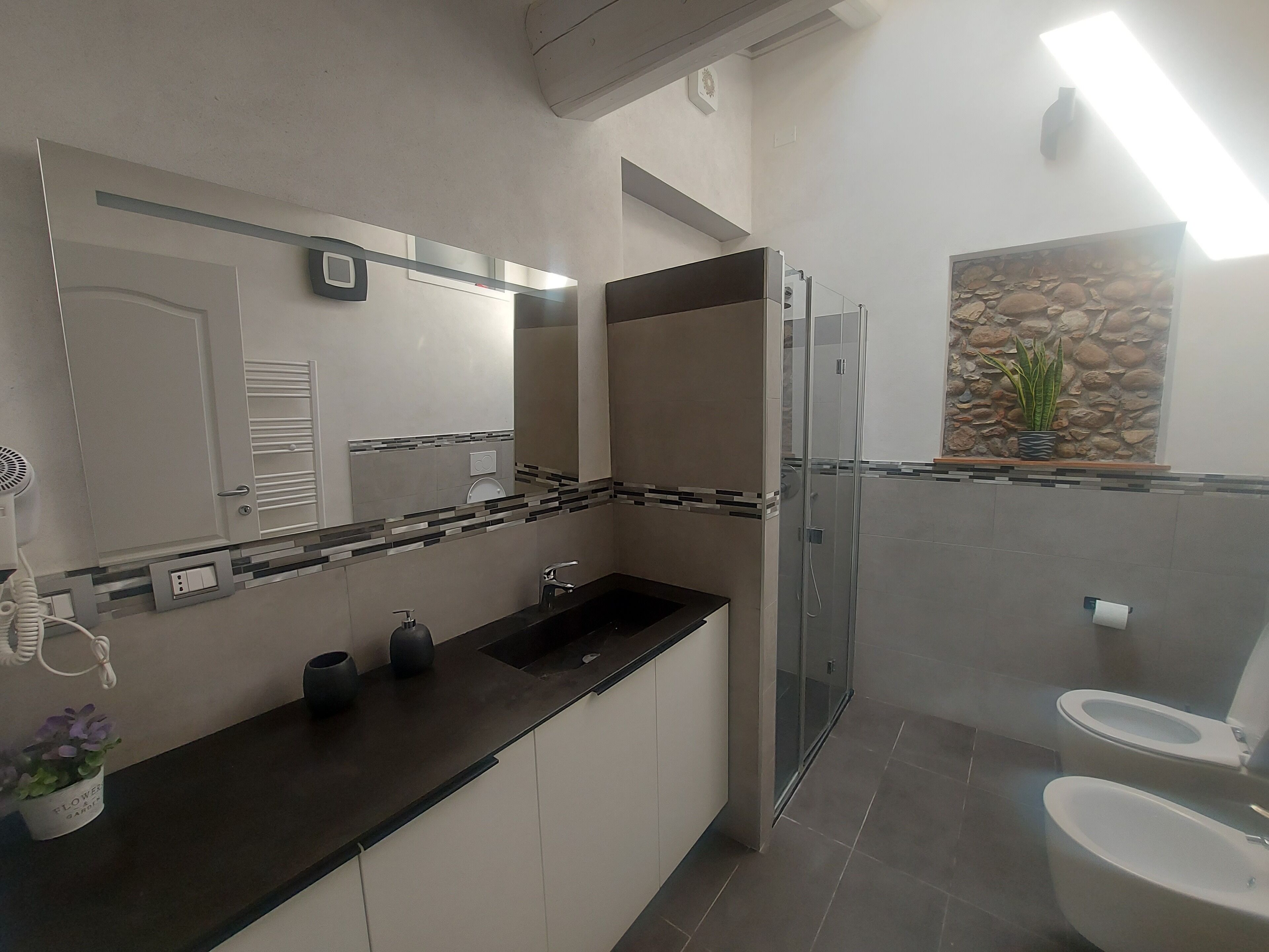 Un baño moderno con cabina de ducha de vidrio, un espejo grande y un lavamanos con planta en maceta.