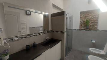 Un baño moderno con cabina de ducha de vidrio, un espejo grande y un lavamanos con planta en maceta.