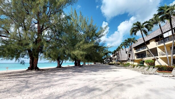 A beachside hotel with a sandy beach, palm trees, and a clear blue sky. - Awesome Oceanfront Grd Flr Condo on Spectacular 7 Mile Beach – #19 TIC (Grand Cayman)
