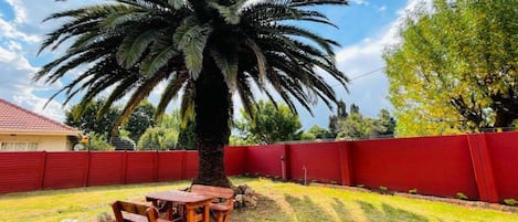 Un cortile con un tavolo e sedie di legno, una palma e una recinzione rossa.