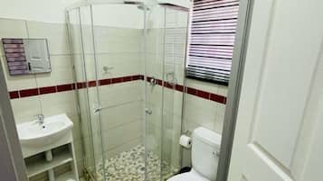 A bathroom with a glass shower enclosure, a toilet, and a sink.