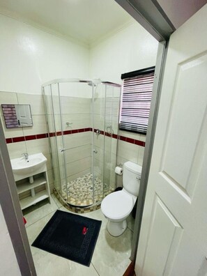 Un baño con cabina de ducha de vidrio, inodoro y lavamanos.