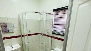 A bathroom with a glass shower enclosure, a toilet, and a sink.
