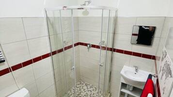 A bathroom with a glass-enclosed shower, a toilet, a sink, and a red-tiled wall.
