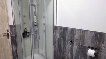 Shower, hair dryer, bidet, towels