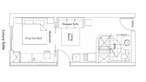 Plan d’étage d’une suite d’hôtel comprenant un lit king-size, un canapé-lit, un salon, une salle de bain et un téléviseur.