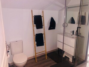 Dusch, hårtork, handdukar och toalettpapper