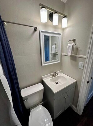 Hair dryer, towels, soap, shampoo