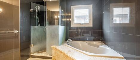Shower, hair dryer, towels, toilet paper