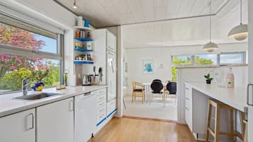 Fridge, stovetop, dishwasher, coffee/tea maker