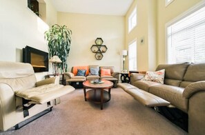 Smart TV, fireplace, books