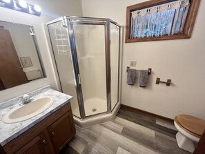 Hair dryer, towels, toilet paper