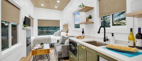 Fridge, microwave, coffee/tea maker, toaster