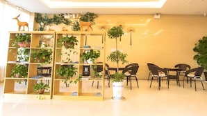 A modern interior with a wooden bookshelf filled with plants, a dining area with black chairs, and a ceiling with recessed lighting.