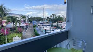 Un balcon offrant une vue sur un port de plaisance, avec des bateaux et un sentier bordé de palmiers et de fleurs.