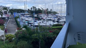 Un port de plaisance où sont amarrés de nombreux bateaux, un sentier menant à l’eau et une végétation luxuriante.