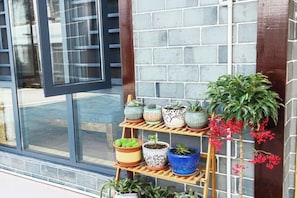 A potted plant arrangement on a wooden shelf against a brick wall with a window. - Huayu Inn (Zhangjiajie)