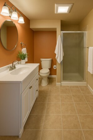 Douche, sĂšche-cheveux, serviettes fournies, savon