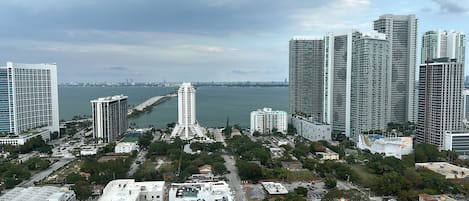 A high-rise urban area with modern buildings, a marina, and a view of the water.