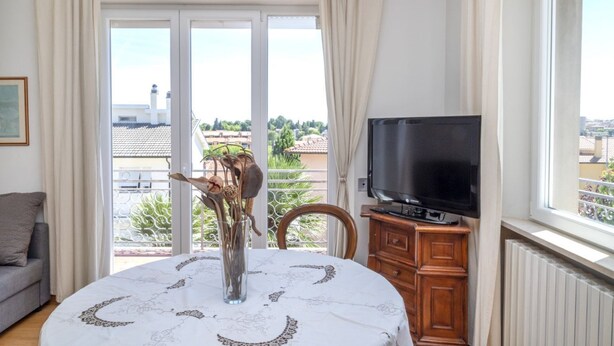 En stue med fjernsyn, spisebord med blomstervase, sofa og udsigt gennem en glasdør.