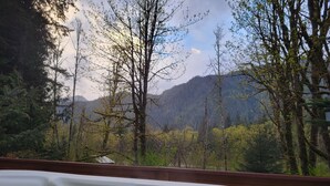 A hot tub with a waterfall feature, surrounded by trees and a mountainous backdrop.