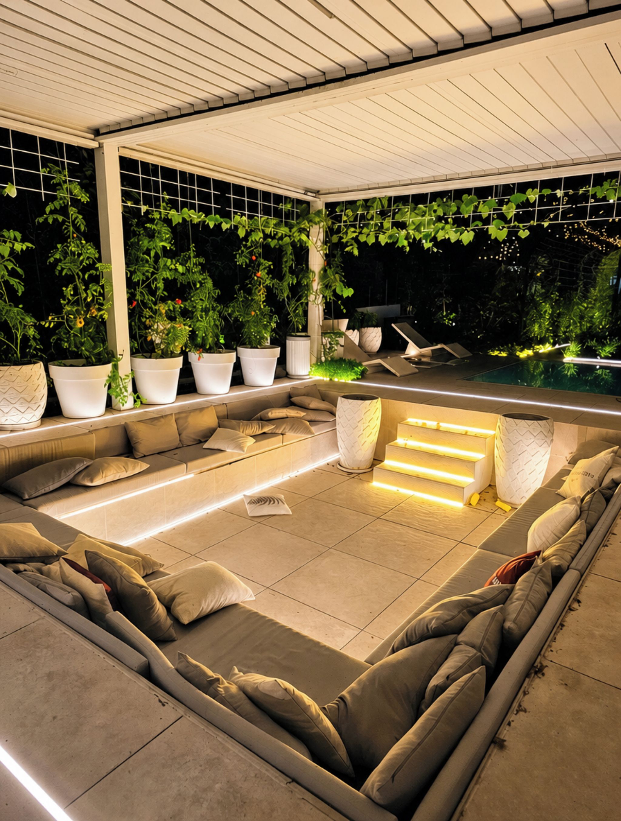 Un área de estar moderna al aire libre con piscina y plantas en macetas.