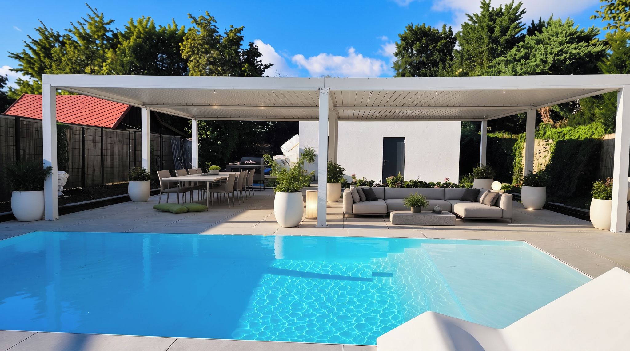 Ein moderner Poolbereich im Freien mit überdachter Lounge, Essbereich und Kübelpflanzen.