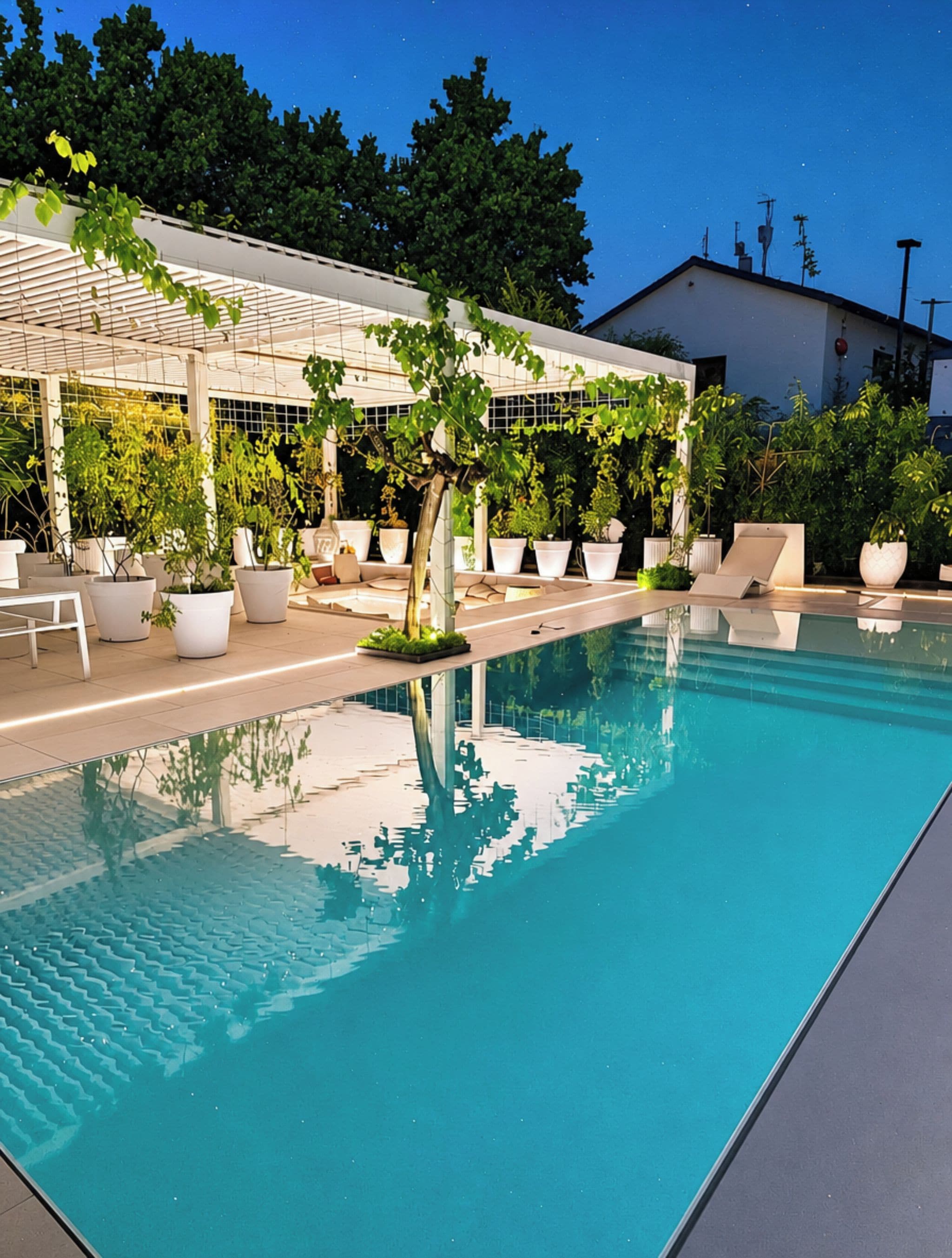 Una piscina con una pérgola cubierta de plantas, rodeada de macetas y un cielo azul despejado.