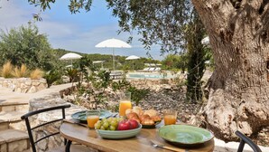 A dining table with a meal, outdoor chairs, and a view of a pool and trees.