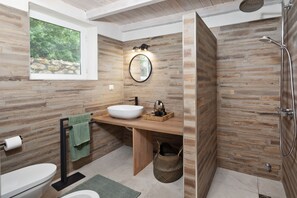Shower, hair dryer, bidet, towels