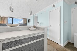 Hair dryer, towels, soap, shampoo