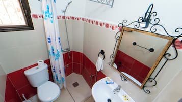 A bathroom with a toilet, sink, shower, and a mirror with a decorative frame.